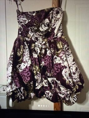 Purple white and green strapless dress with irregular elastic hemline